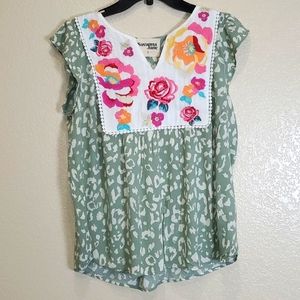 Savanna Jane Green Leopard Print Embroidered Top Small Boho